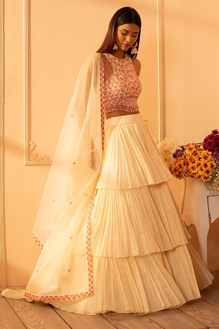 Rose White Embroidered Lehenga Set by Glittire by Sakshi Verma