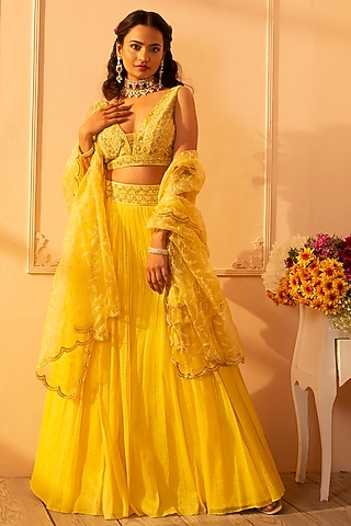 Yellow Embroidered Lehenga Set by Glittire by Sakshi Verma