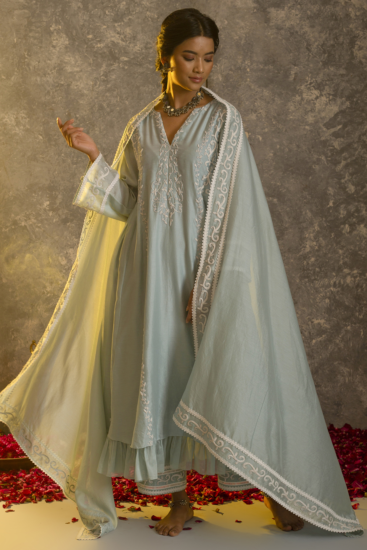 Powder Blue Silk Chanderi Kurta Set by Glittire by Sakshi Verma