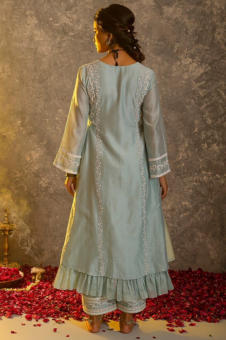 Powder Blue Silk Chanderi Kurta Set by Glittire by Sakshi Verma at Pernia's Pop Up Shop
