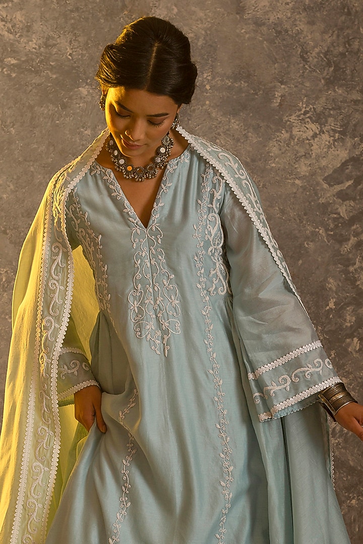 Powder Blue Silk Chanderi Kurta Set by Glittire by Sakshi Verma at Pernia's Pop Up Shop
