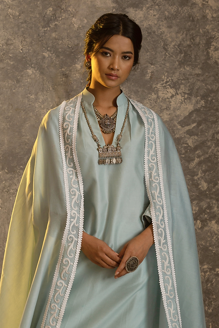 Powder Blue Kurta Set In Silk Chanderi by Glittire by Sakshi Verma at Pernia's Pop Up Shop