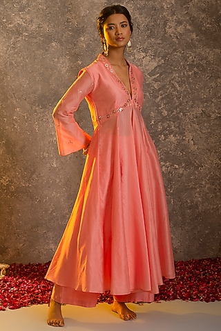 Salmon Silk Chanderi Kurta Set by Glittire by Sakshi Verma