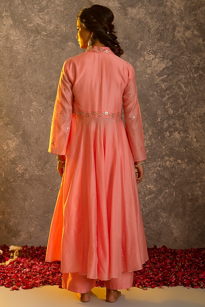Salmon Silk Chanderi Kurta Set by Glittire by Sakshi Verma at Pernia's Pop Up Shop