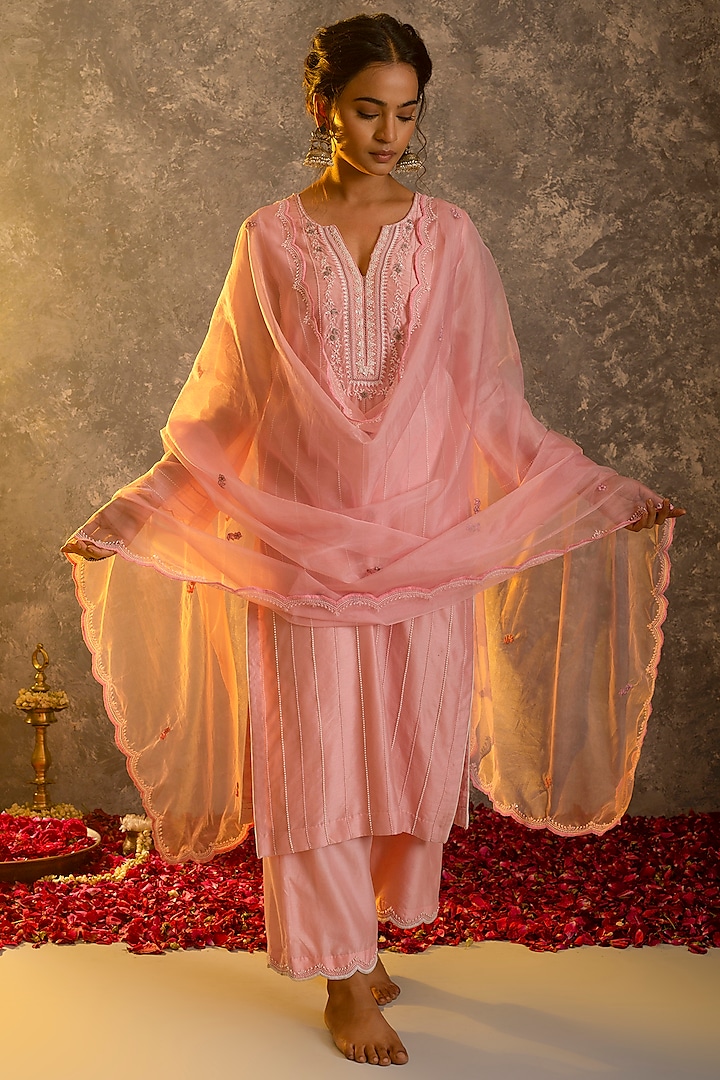 Rose Pink Silk Chanderi Kurta Set by Glittire by Sakshi Verma