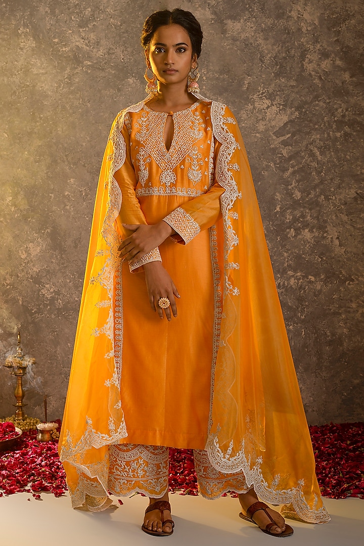 Marigold Embroidered Kurta Set by Glittire by Sakshi Verma