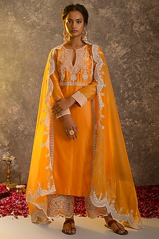 Marigold Embroidered Kurta Set by Glittire by Sakshi Verma
