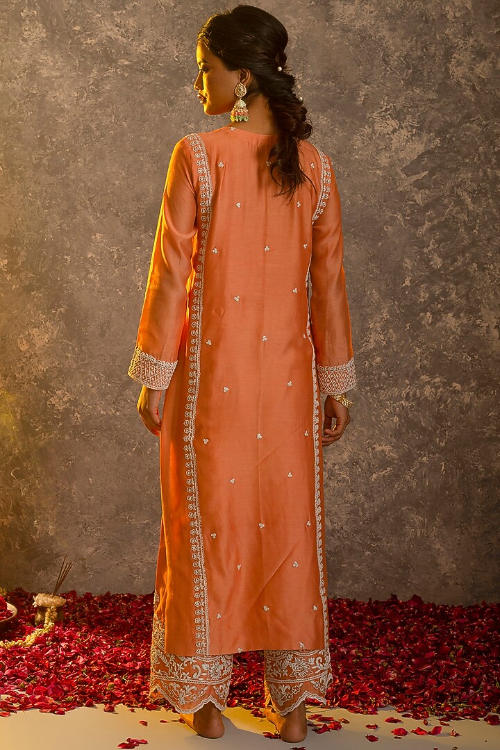 Peach Silk Chanderi Kurta Set by Glittire by Sakshi Verma at Pernia's Pop Up Shop