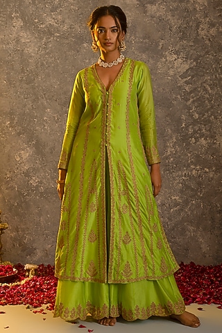 Lime Silk Chanderi Kurta Set by Glittire by Sakshi Verma