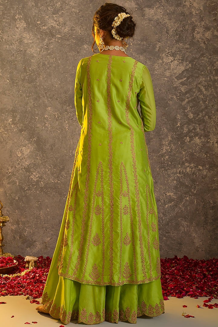 Lime Silk Chanderi Kurta Set by Glittire by Sakshi Verma at Pernia's Pop Up Shop