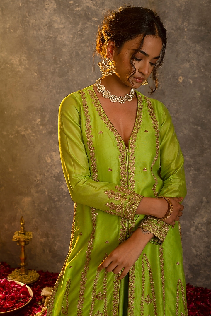 Lime Silk Chanderi Kurta Set by Glittire by Sakshi Verma at Pernia's Pop Up Shop