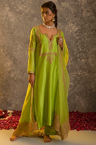 Lime Silk Chanderi Embroidered Kurta Set  by Glittire by Sakshi Verma