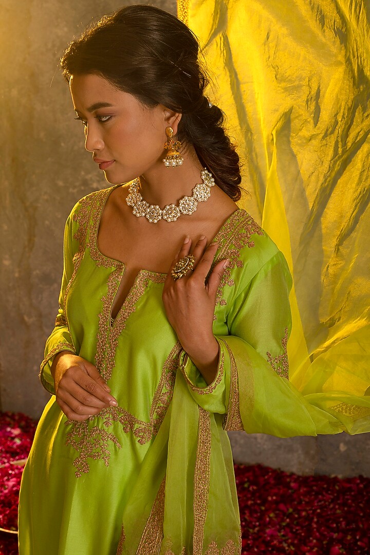 Lime Silk Chanderi Embroidered Kurta Set by Glittire by Sakshi Verma at Pernia's Pop Up Shop