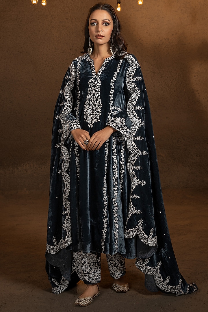 Prussian Blue Embroidered A-line Kurta Set by Glittire by Sakshi Verma