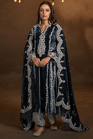 Prussian Blue Embroidered A-line Kurta Set by Glittire by Sakshi Verma