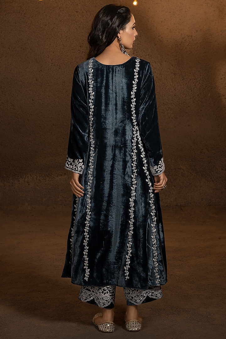 Prussian Blue Embroidered A-line Kurta Set by Glittire by Sakshi Verma at Pernia's Pop Up Shop