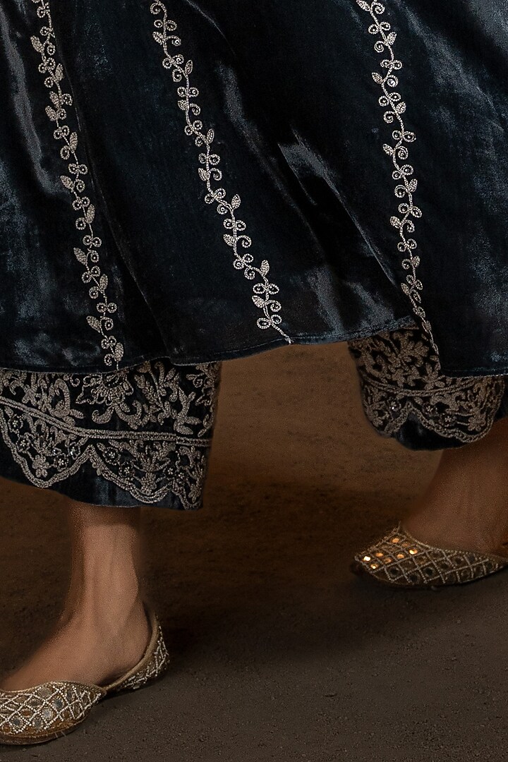 Prussian Blue Embroidered A-line Kurta Set by Glittire by Sakshi Verma at Pernia's Pop Up Shop