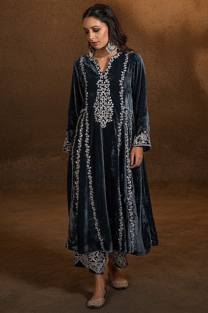 Prussian Blue Embroidered A-line Kurta Set by Glittire by Sakshi Verma at Pernia's Pop Up Shop