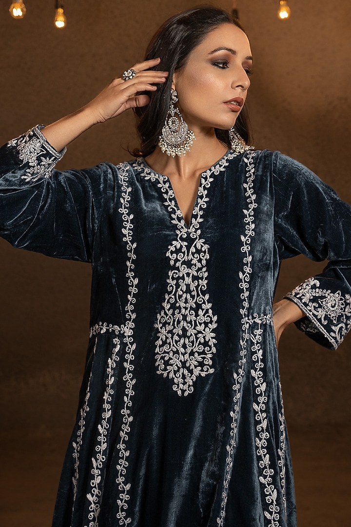 Prussian Blue Embroidered A-line Kurta Set by Glittire by Sakshi Verma at Pernia's Pop Up Shop