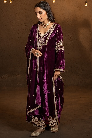 Purple Wine Embroidered A-line Kurta Set by Glittire by Sakshi Verma