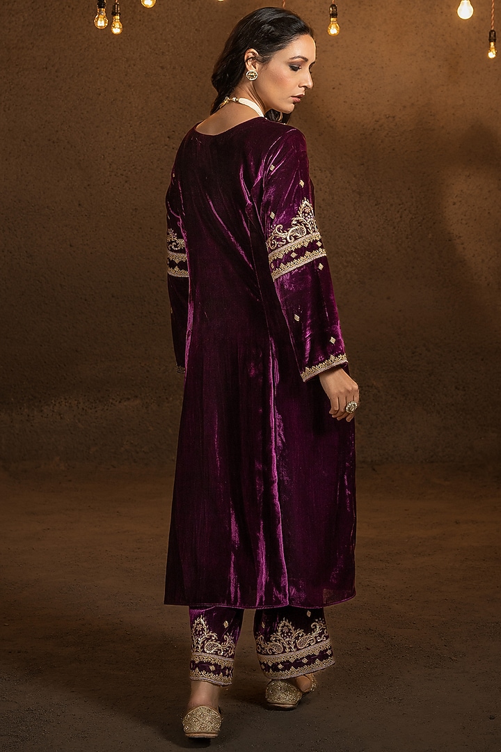 Purple Wine Embroidered A-line Kurta Set by Glittire by Sakshi Verma at Pernia's Pop Up Shop