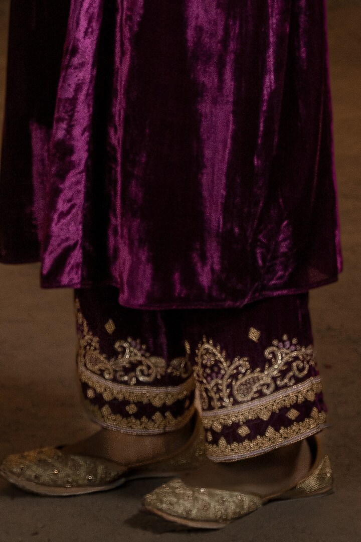 Purple Wine Embroidered A-line Kurta Set by Glittire by Sakshi Verma at Pernia's Pop Up Shop