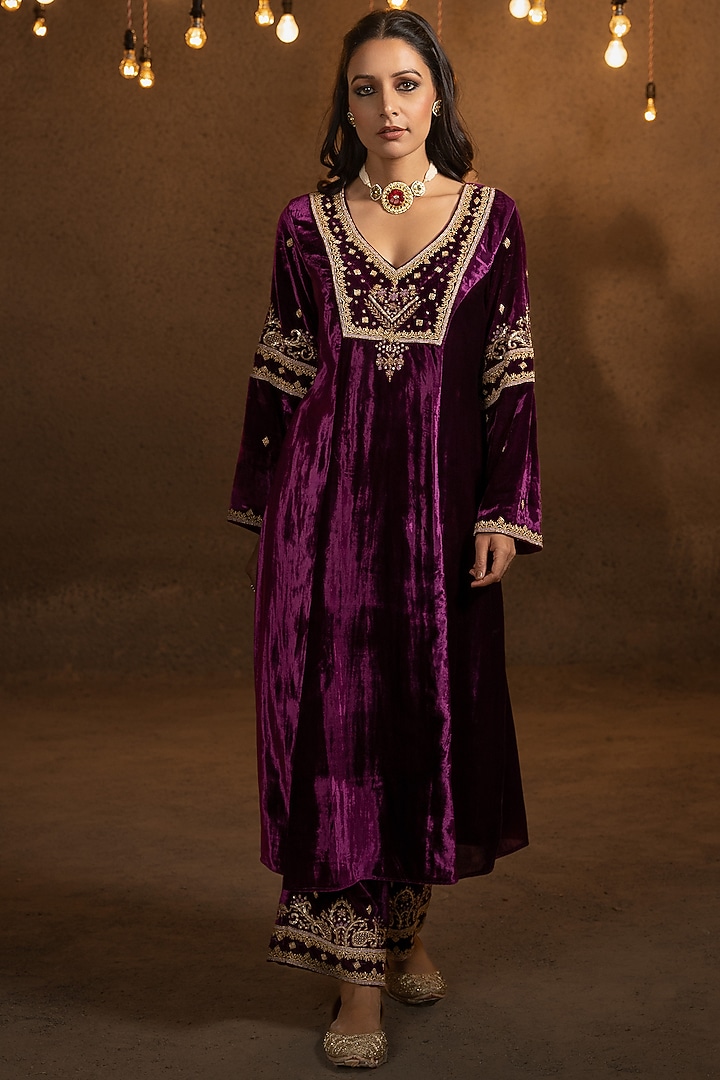 Purple Wine Embroidered A-line Kurta Set by Glittire by Sakshi Verma at Pernia's Pop Up Shop