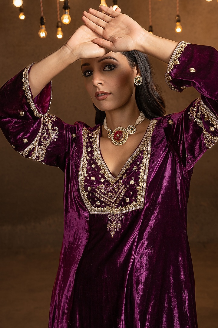 Purple Wine Embroidered A-line Kurta Set by Glittire by Sakshi Verma at Pernia's Pop Up Shop