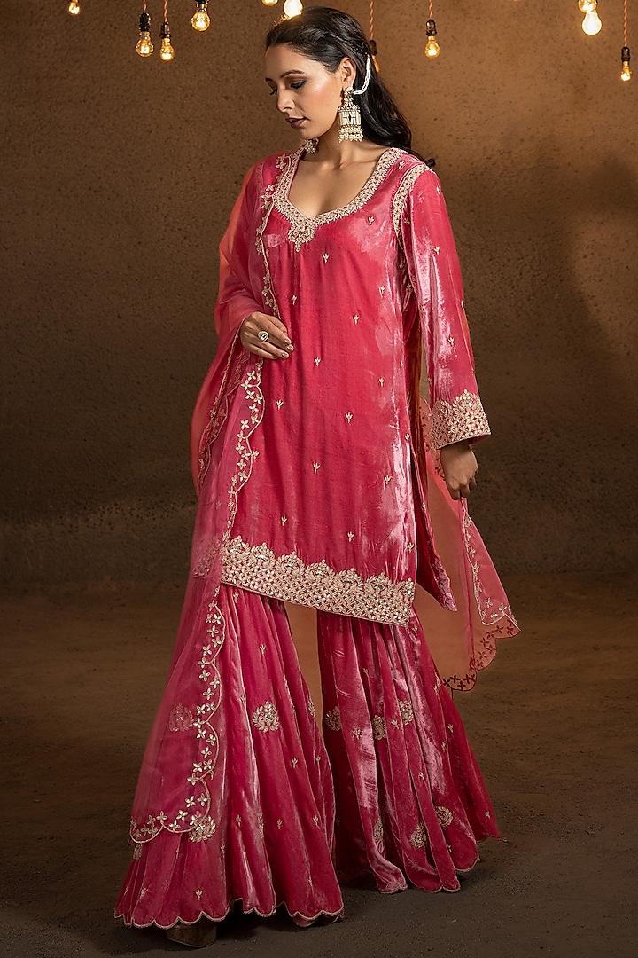 Rogue Pink Silk Velvet Gharara Set by Glittire by Sakshi Verma