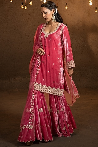 Rogue Pink Silk Velvet Gharara Set by Glittire by Sakshi Verma