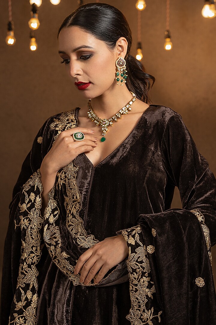 Chocolate Brown Embroidered Kurta Set by Glittire by Sakshi Verma at Pernia's Pop Up Shop