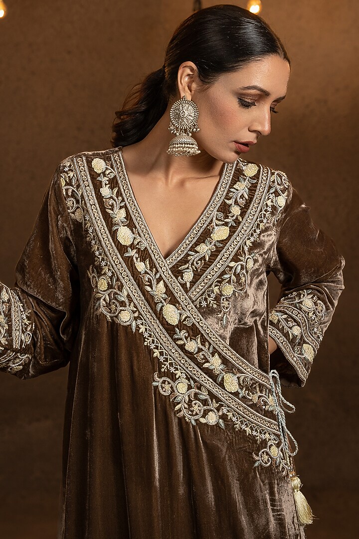 Deep Taupe Embroidered Kurta Set by Glittire by Sakshi Verma at Pernia's Pop Up Shop