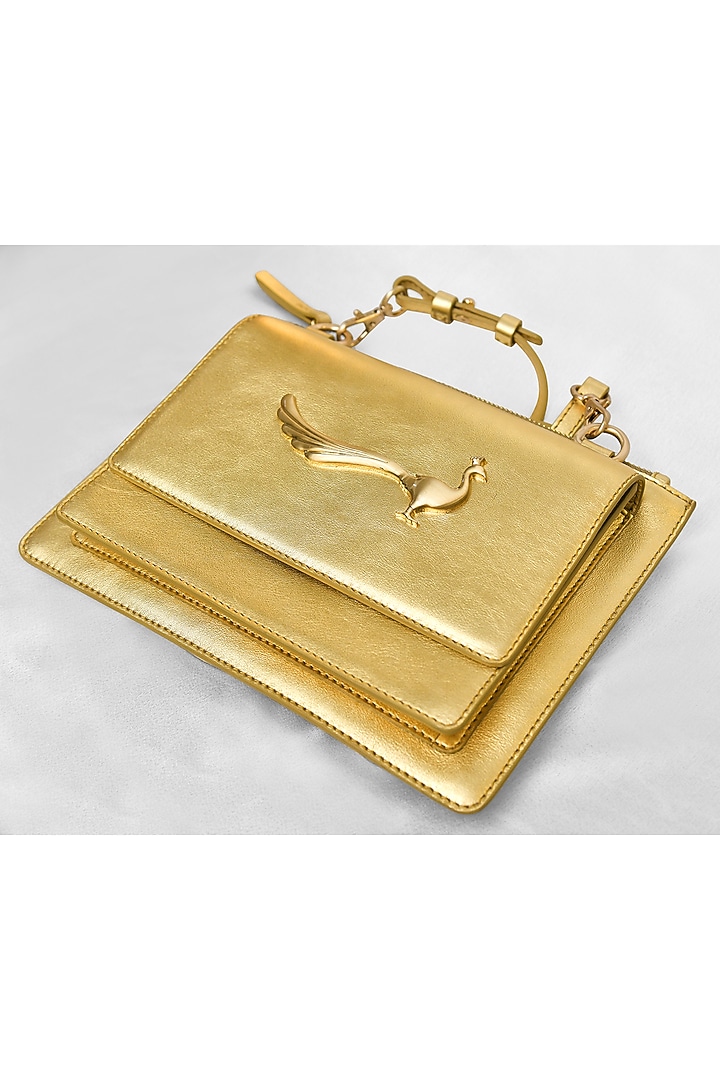 Gold Leather Flapover Cross Body Bag by GLA Accessories at Pernia's Pop Up Shop