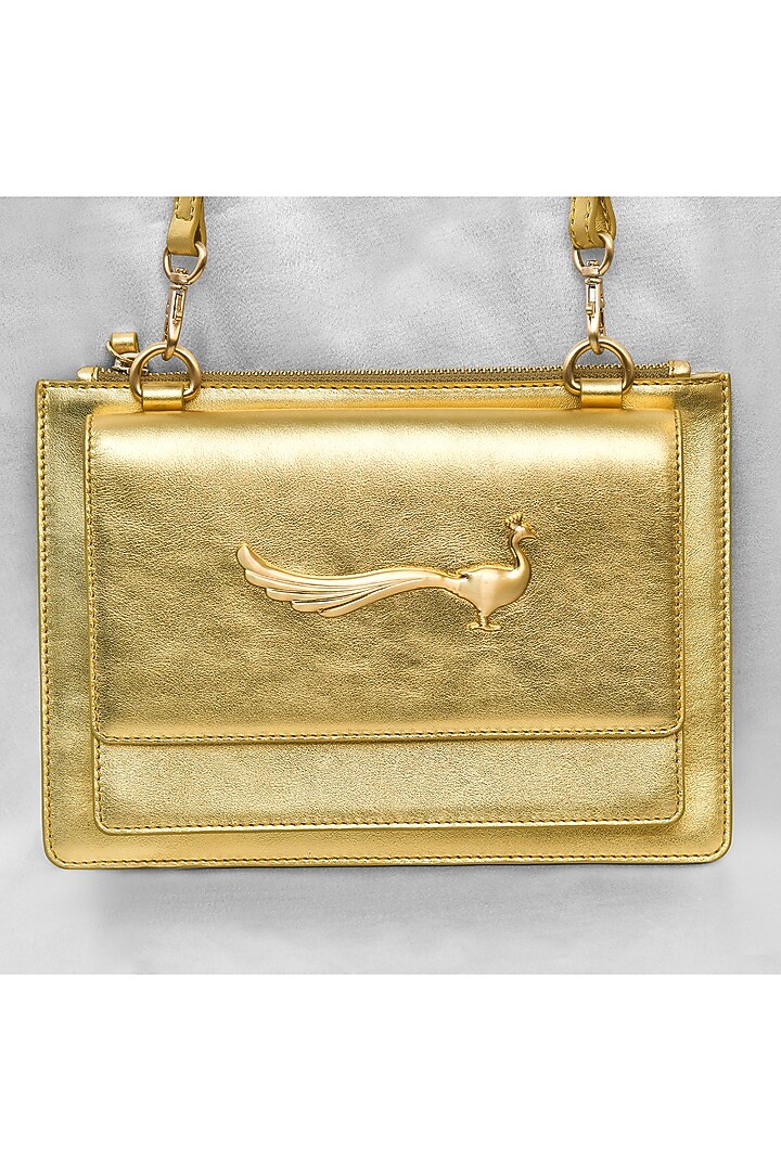 Gold Leather Flapover Cross Body Bag by GLA Accessories at Pernia's Pop Up Shop