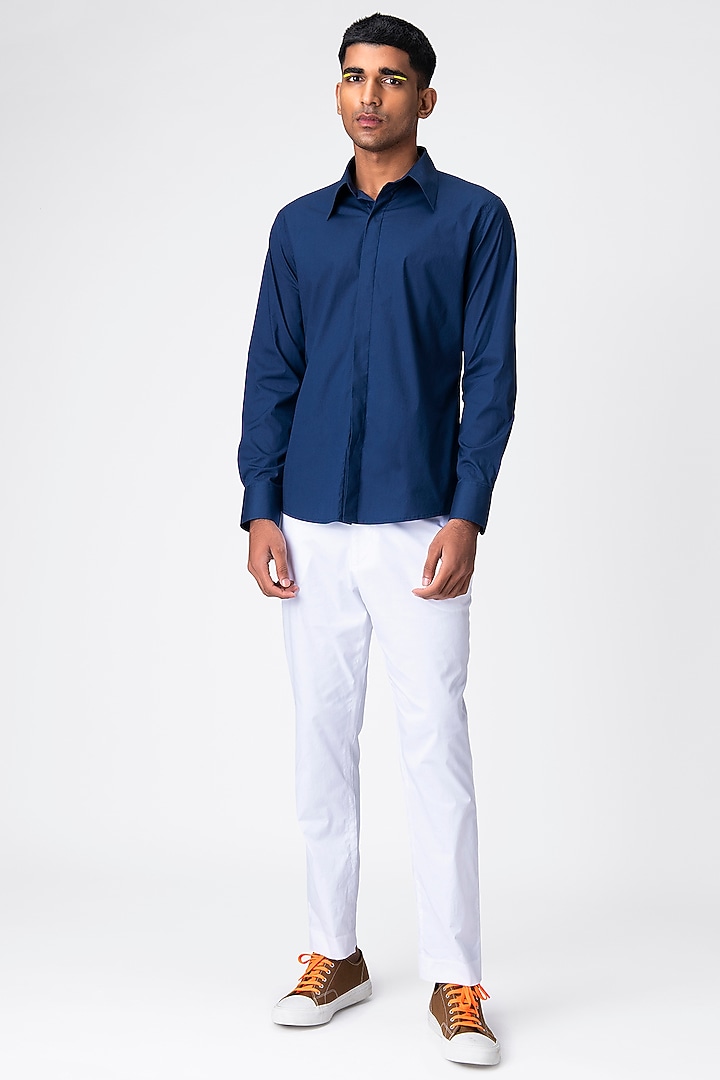 Marine Blue Cotton Summer Shirt by Genes Lecoanet Hemant Men at Pernia's Pop Up Shop