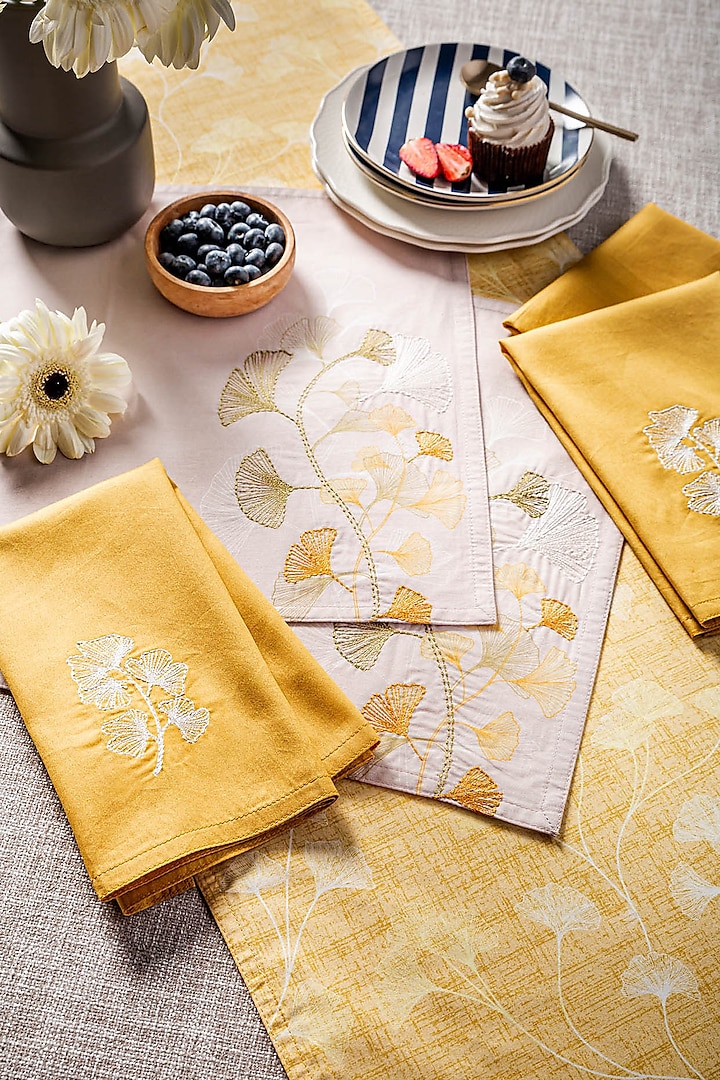 Gingko Mustard Cotton Floral Printed & Embroidered Napkins (Set of 4) by Eris home