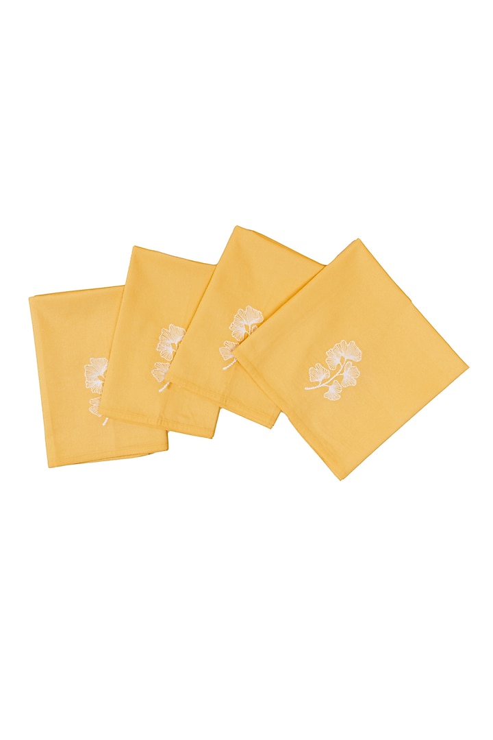 Gingko Mustard Cotton Floral Printed & Embroidered Napkins (Set of 4) by Eris home at Pernia's Pop Up Shop