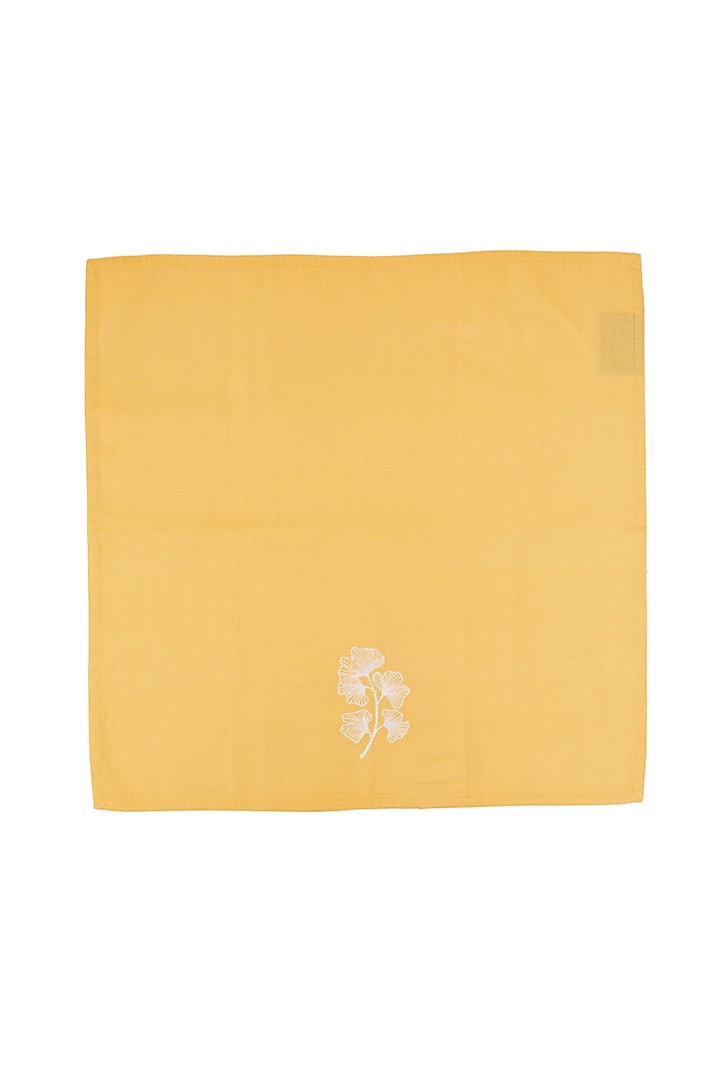 Gingko Mustard Cotton Floral Printed & Embroidered Napkins (Set of 4) by Eris home at Pernia's Pop Up Shop