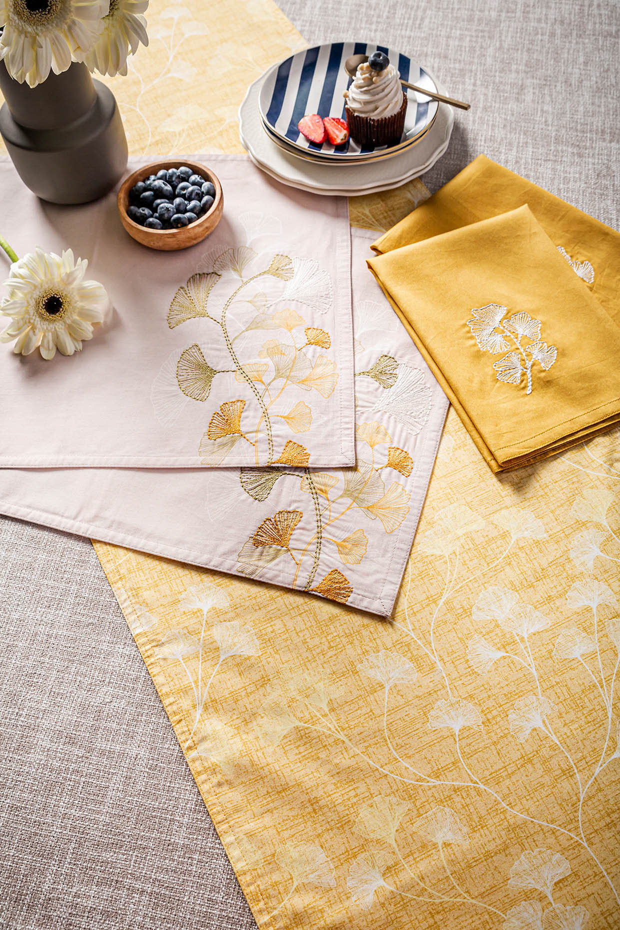 Gingko Mustard Cotton Floral Digital Printed Table Runner by Eris home at Pernia's Pop Up Shop