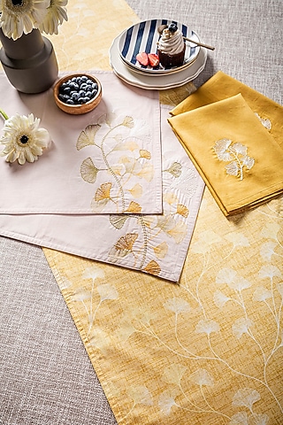 Gingko Mustard Cotton Floral Digital Printed Table Runner by Eris home