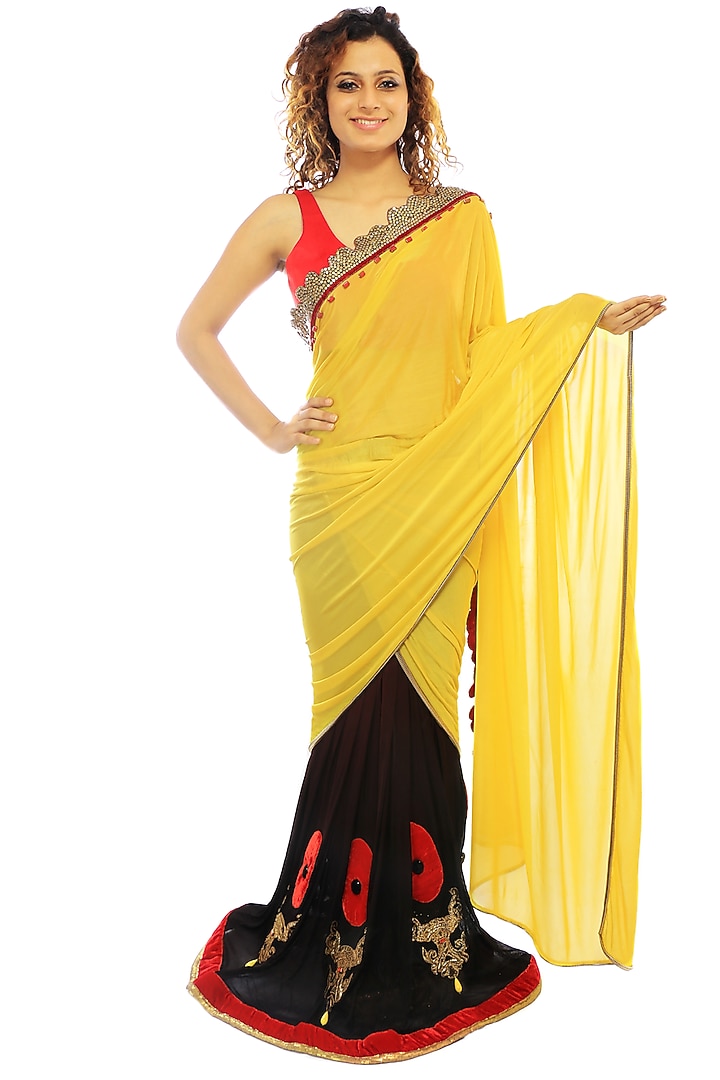 Yellow & Black Embroidered Wedding Saree Set by Sounia Gohil at Pernia's Pop Up Shop