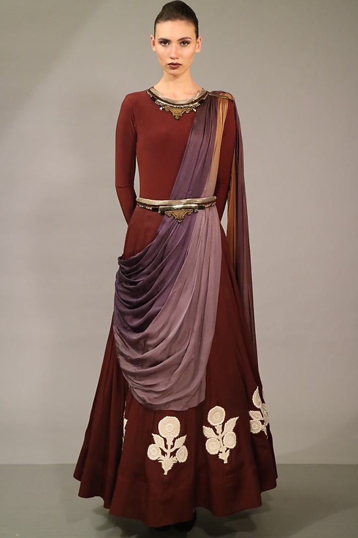 Maroon Draped Gown by Sounia Gohil at Pernia's Pop Up Shop