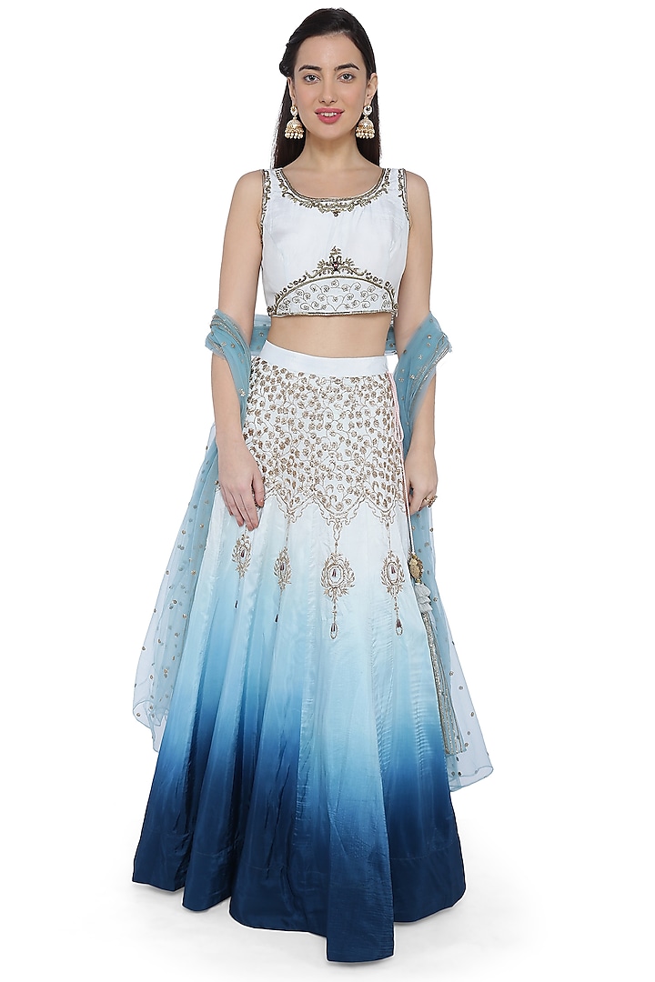 White & Blue Ombre Lehenga Set by Sounia Gohil at Pernia's Pop Up Shop