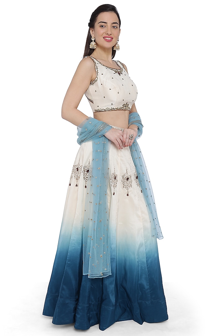 White & Teal Ombre Lehenga Set by Sounia Gohil at Pernia's Pop Up Shop