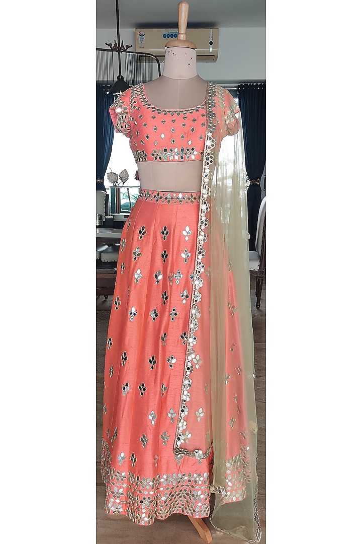 Coral Lehenga Set by Sounia Gohil