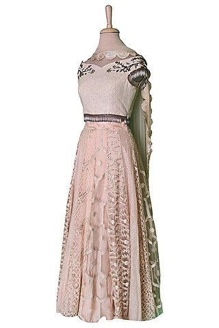 Blush Pink Lehenga Set With Net Dupatta by Sounia Gohil