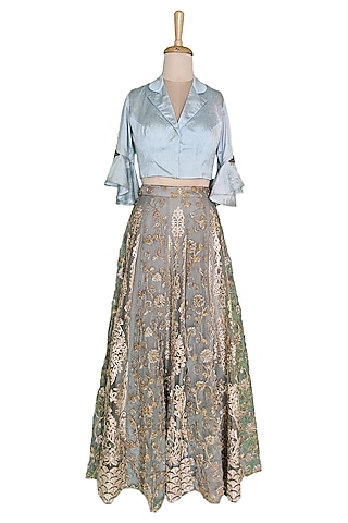 Grey & Powder Blue Skirt Set by Sounia Gohil