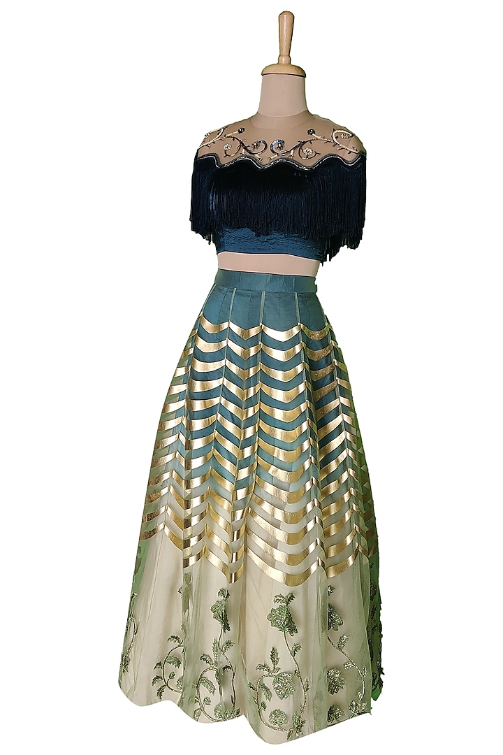 Teal & Cream Ombre Skirt Set by Sounia Gohil