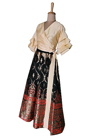 Midnight Blue & Beige Skirt Set by Sounia Gohil