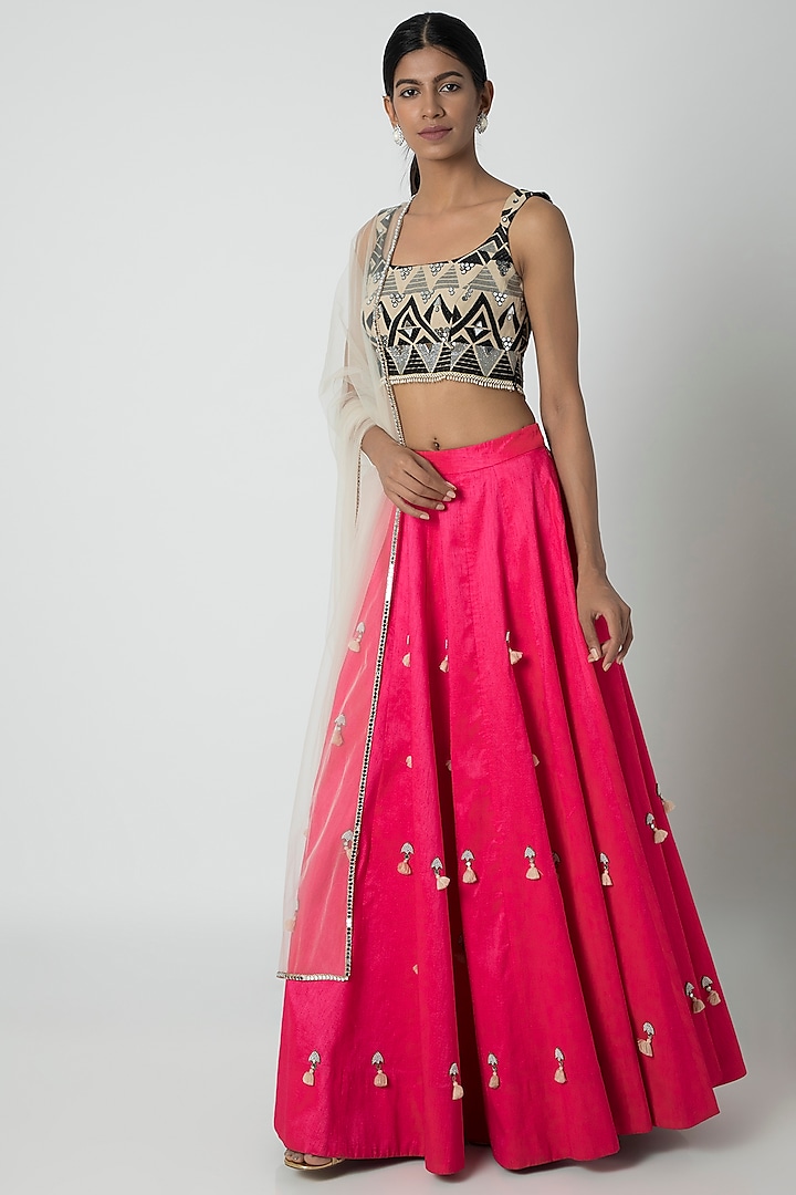 Pink & Black Embroidery Lehenga Set by Sounia Gohil